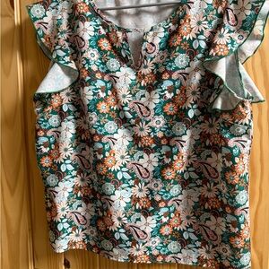 Floral Ruffle Sleeve Top - Green and Orange